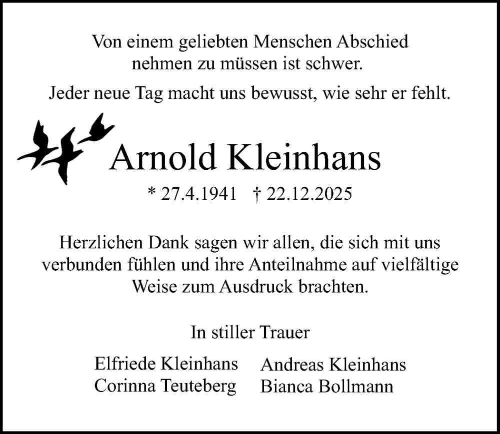  Traueranzeige für Arnold Kleinhans vom 14.02.2026 aus Göttinger Tageblatt