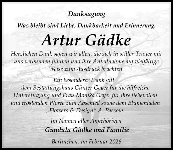 Traueranzeige von Artur Gädke von Wochenspiegel