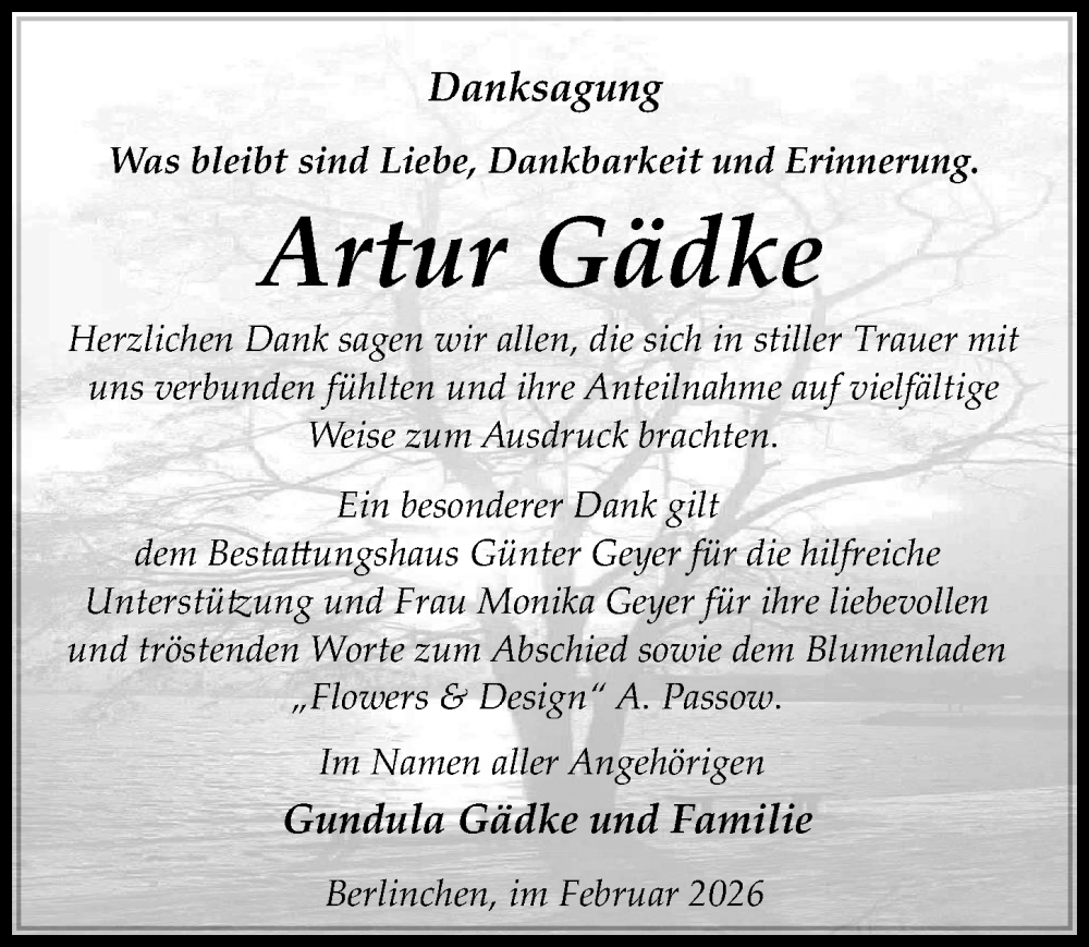  Traueranzeige für Artur Gädke vom 14.02.2026 aus Wochenspiegel