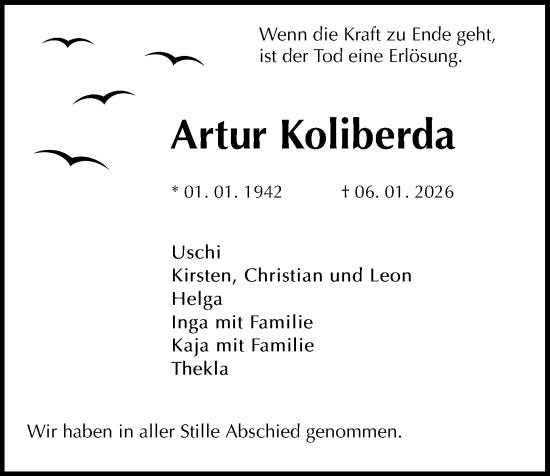 Traueranzeige von Artur Koliberda von Kieler Nachrichten