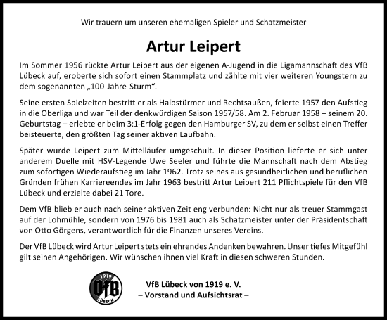 Traueranzeige von Artur Leipert von Lübecker Nachrichten