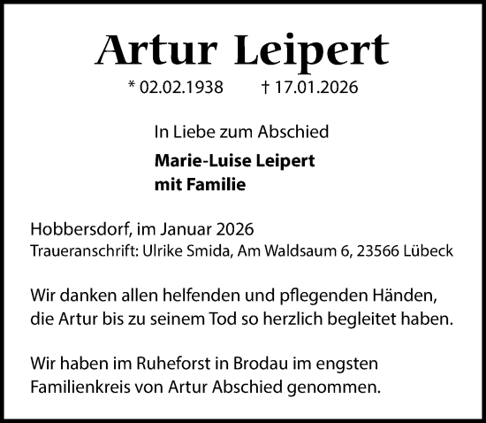 Traueranzeige von Artur Leipert von Lübecker Nachrichten