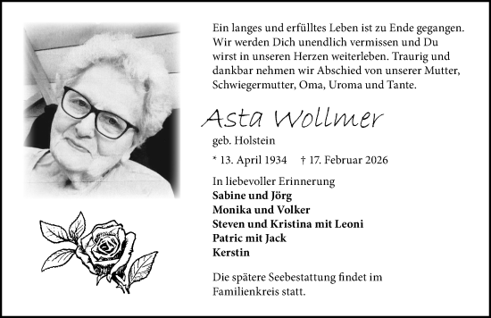 Traueranzeige von Asta Wollmer von Lübecker Nachrichten
