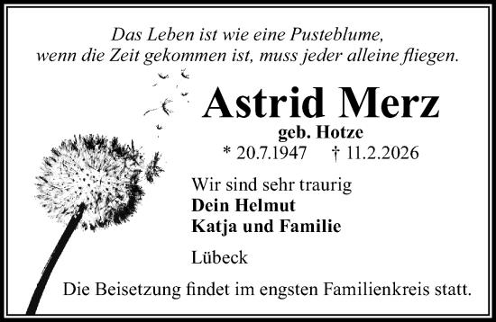 Traueranzeige von Astrid Merz von Lübecker Nachrichten