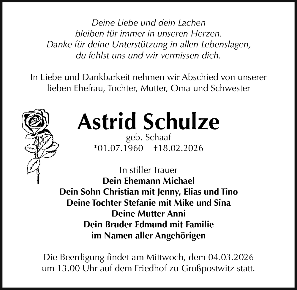  Traueranzeige für Astrid Schulze vom 28.02.2026 aus Sächsische Zeitung