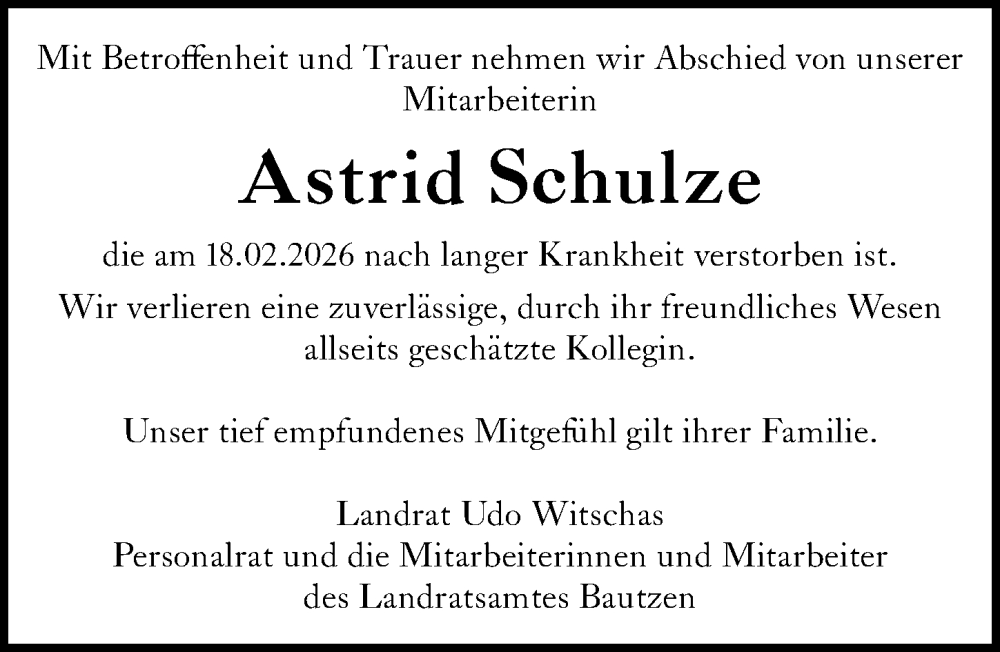  Traueranzeige für Astrid Schulze vom 28.02.2026 aus Sächsische Zeitung