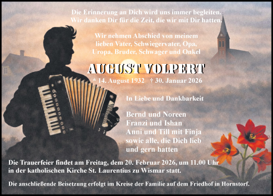 Traueranzeige von August Volpert von Ostsee-Zeitung GmbH