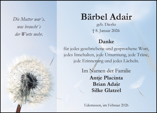 Traueranzeige von Bärbel Adair von Peiner Allgemeine Zeitung