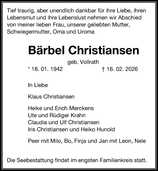 Traueranzeige von Bärbel Christiansen von Kieler Nachrichten