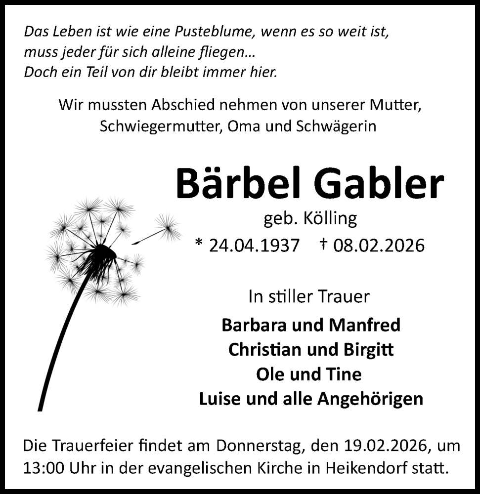  Traueranzeige für Bärbel Gabler vom 14.02.2026 aus Kieler Nachrichten