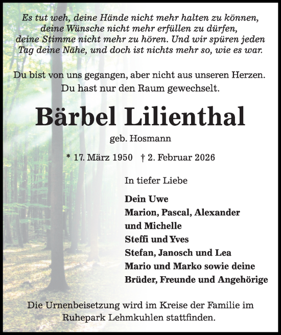 Traueranzeige von Bärbel Lilienthal von Kieler Nachrichten