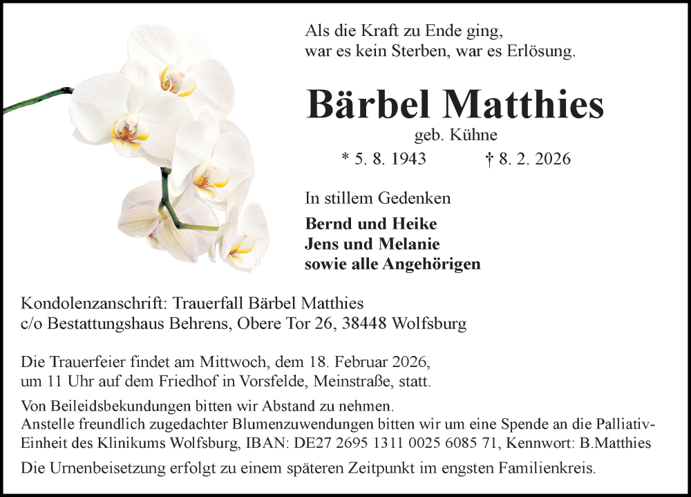  Traueranzeige für Bärbel Matthies vom 14.02.2026 aus Aller Zeitung