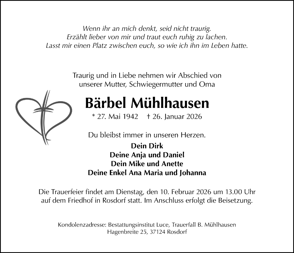  Traueranzeige für Bärbel Mühlhausen vom 07.02.2026 aus Göttinger Tageblatt