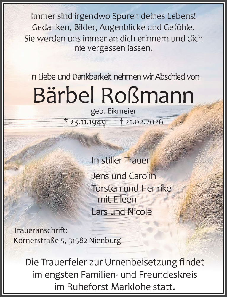  Traueranzeige für Bärbel Roßmann vom 28.02.2026 aus Die Harke