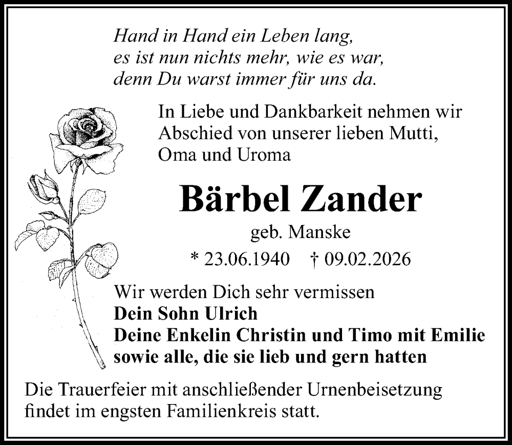  Traueranzeige für Bärbel Zander vom 21.02.2026 aus Wochenspiegel