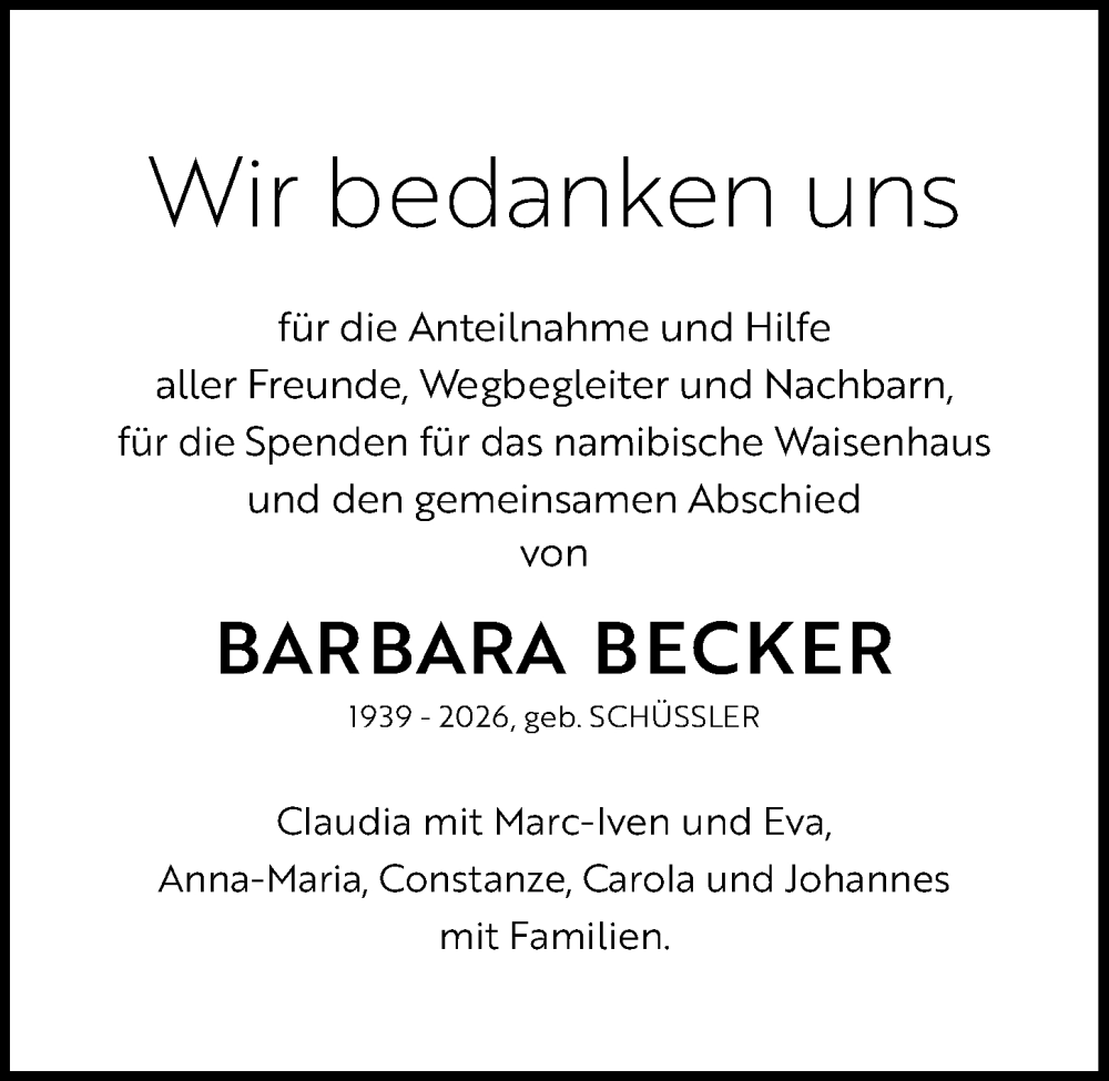  Traueranzeige für Barbara Becker vom 07.02.2026 aus Kieler Nachrichten