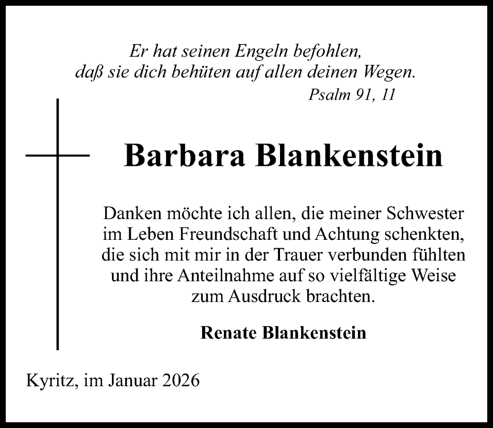  Traueranzeige für Barbara Blankenstein vom 07.02.2026 aus Wochenspiegel