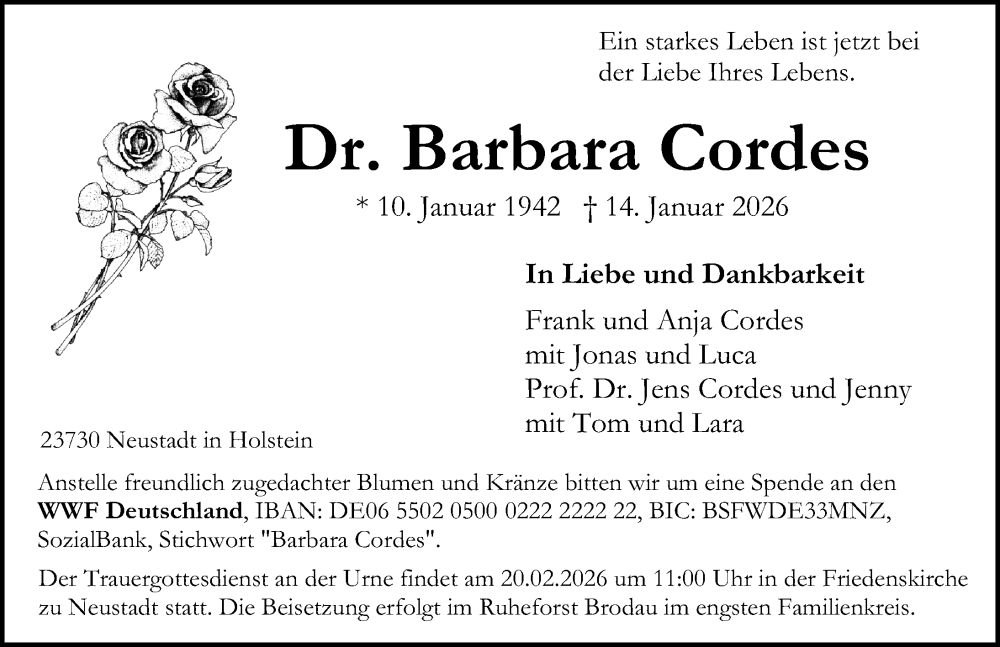  Traueranzeige für Barbara Cordes vom 15.02.2026 aus Lübecker Nachrichten