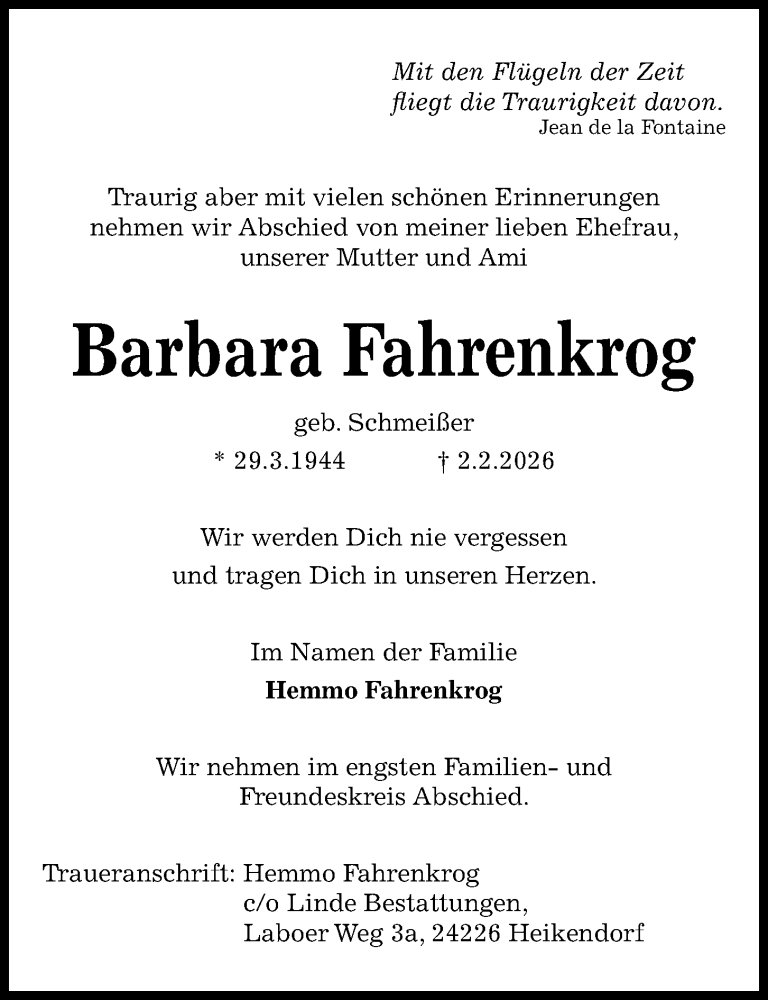  Traueranzeige für Barbara Fahrenkrog vom 14.02.2026 aus Kieler Nachrichten