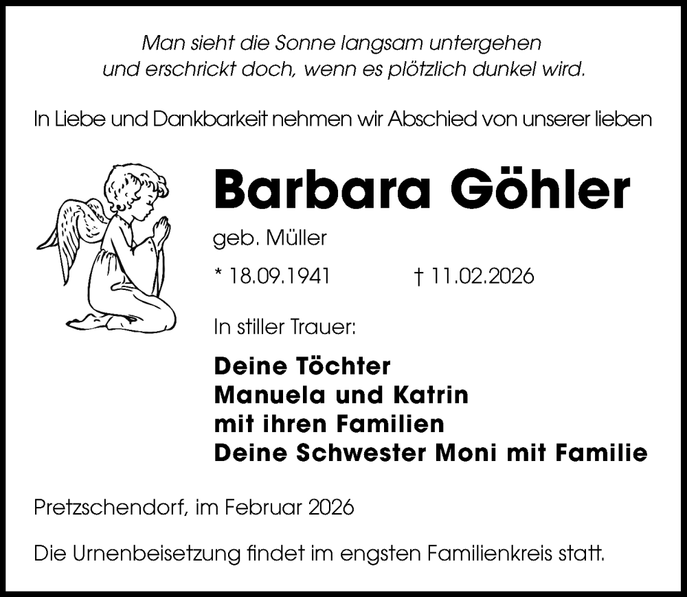  Traueranzeige für Barbara Göhler vom 14.02.2026 aus Sächsische Zeitung