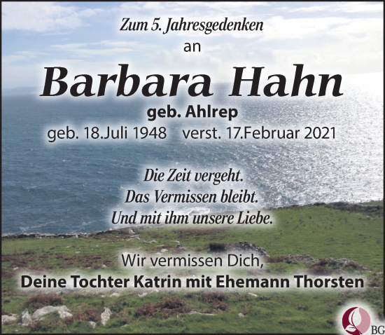 Traueranzeige von Barbara Hahn von Leipziger Volkszeitung