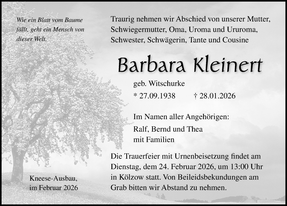  Traueranzeige für Barbara Kleinert vom 07.02.2026 aus Ostsee-Zeitung GmbH