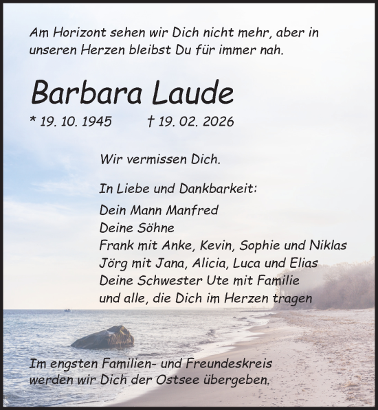 Traueranzeige von Barbara Laude von Ostsee-Zeitung GmbH