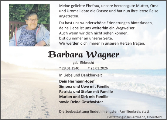 Traueranzeige von Barbara Wagner von Eichsfelder Tageblatt