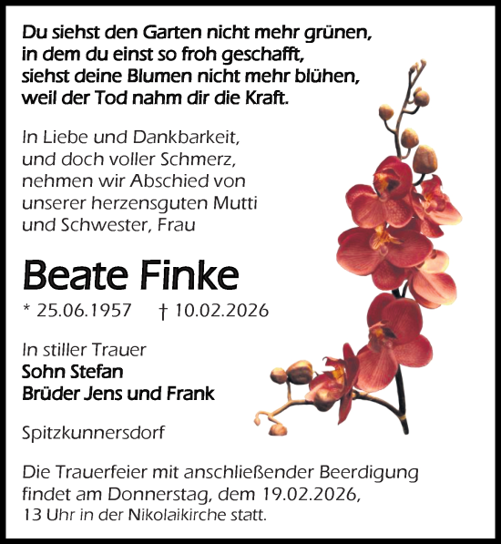 Traueranzeige von Beate Finke von Sächsische Zeitung
