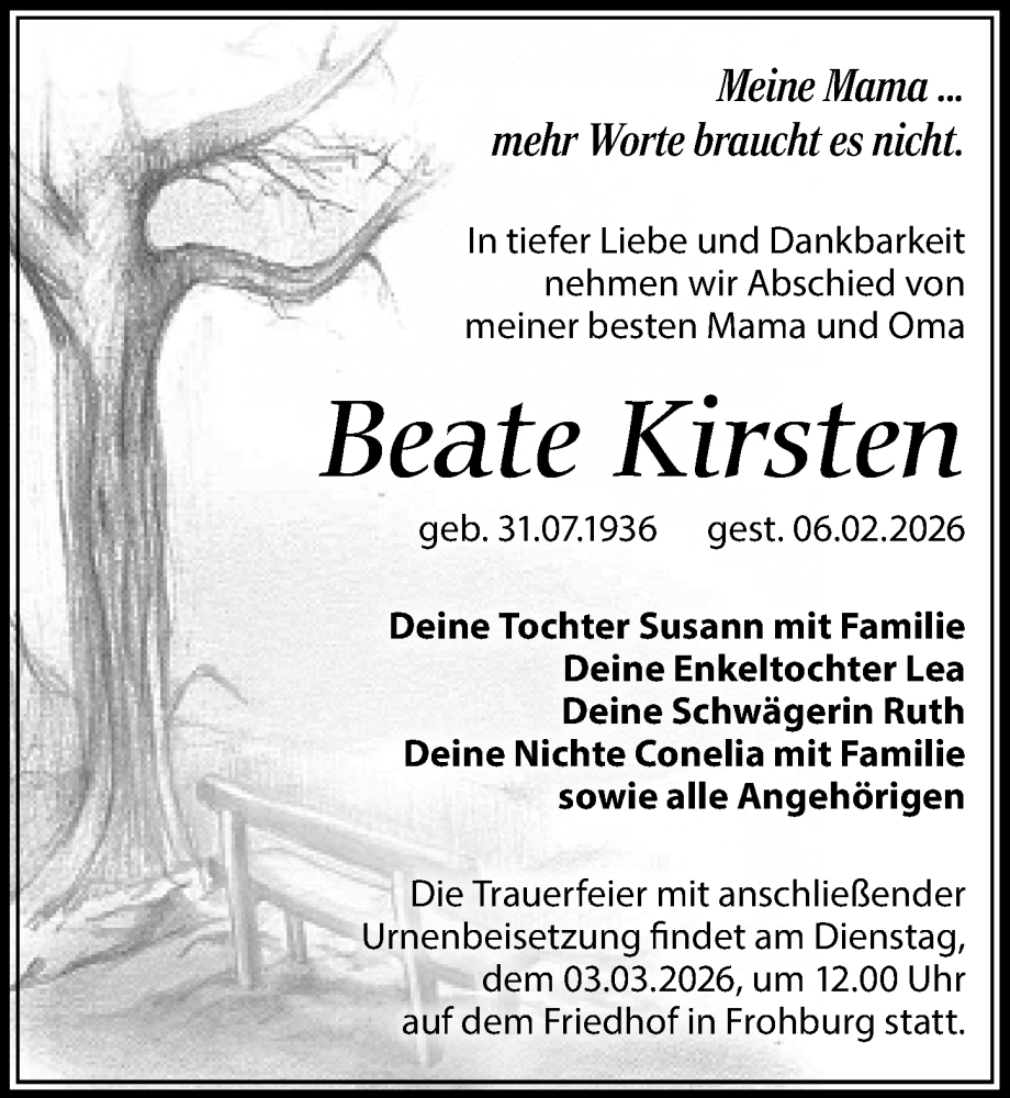  Traueranzeige für Beate Kirsten vom 21.02.2026 aus Leipziger Volkszeitung