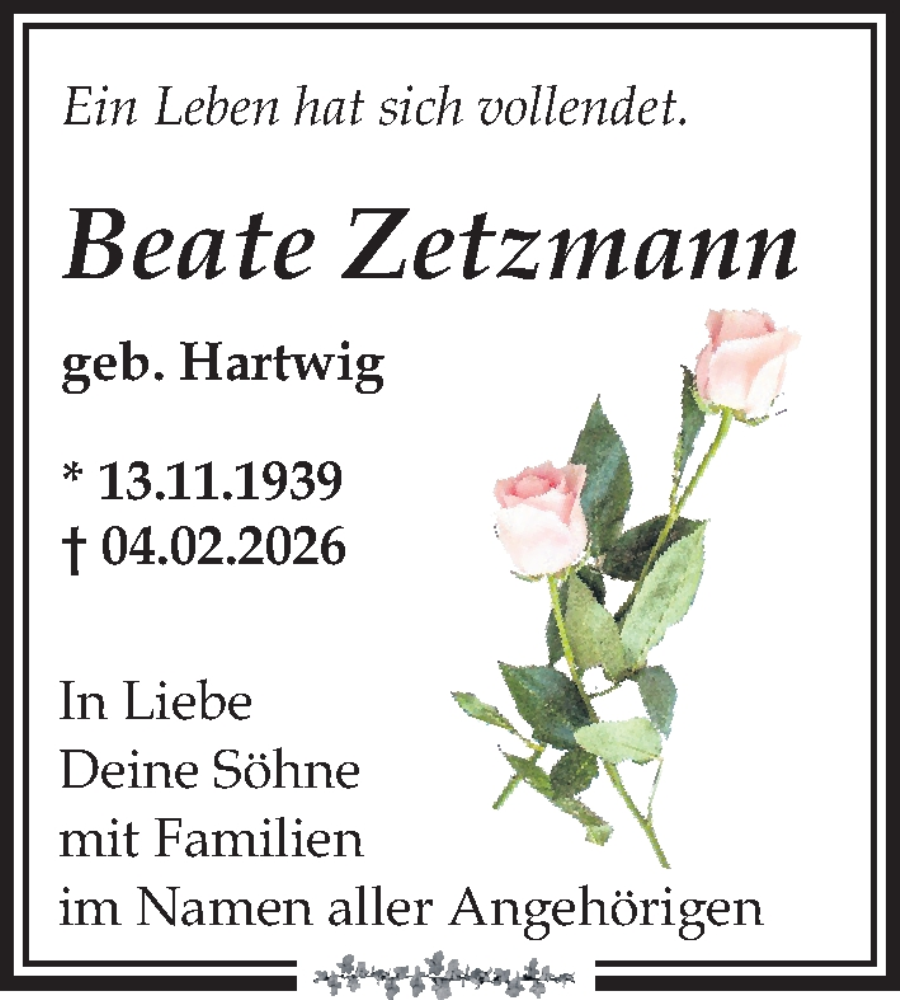  Traueranzeige für Beate Zetzmann vom 14.02.2026 aus Leipziger Volkszeitung