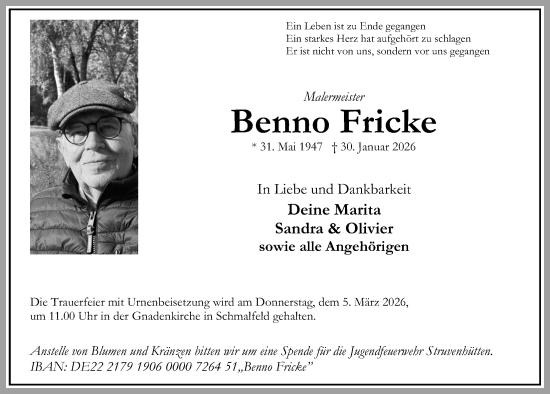 Traueranzeige von Benno Fricke von Kieler Nachrichten