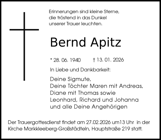 Traueranzeige von Bernd Apitz von Leipziger Volkszeitung