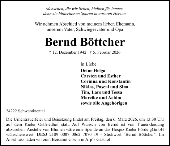 Traueranzeige von Bernd Böttcher von Kieler Nachrichten
