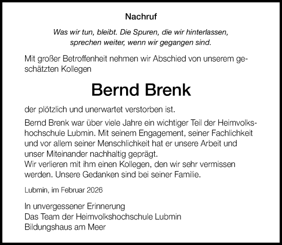 Traueranzeige von Bernd Brenk von Ostsee-Zeitung GmbH