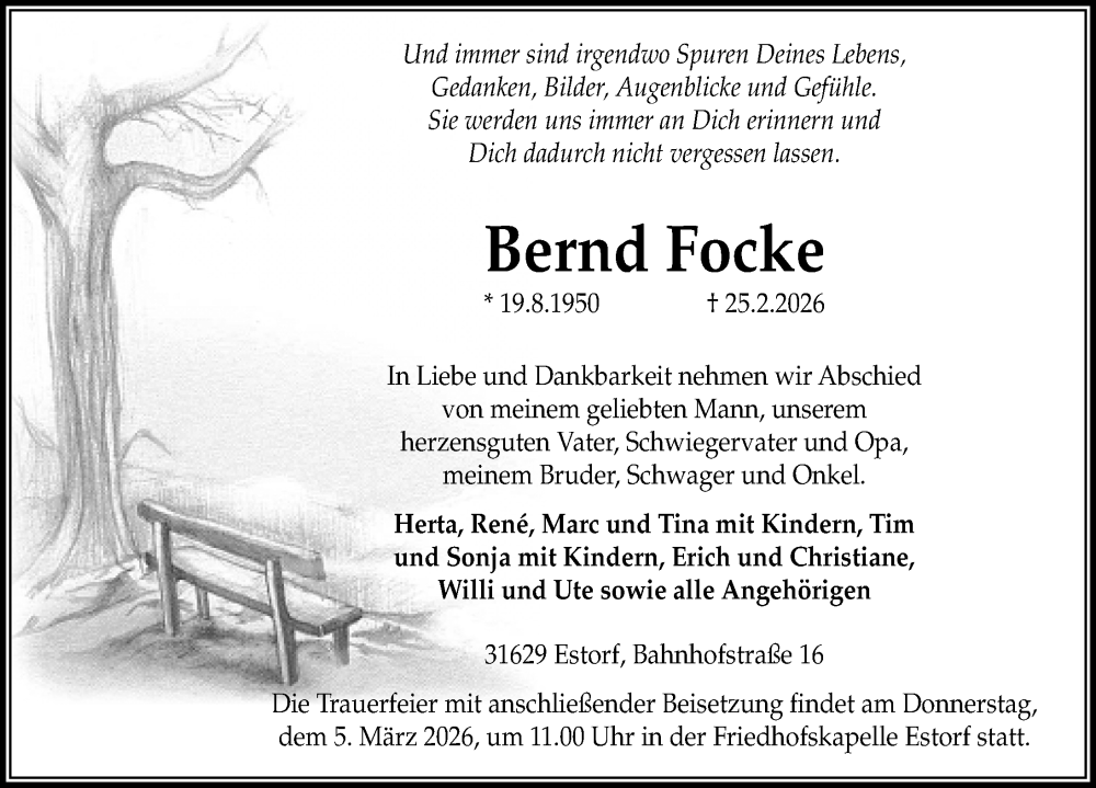  Traueranzeige für Bernd Focke vom 28.02.2026 aus Die Harke