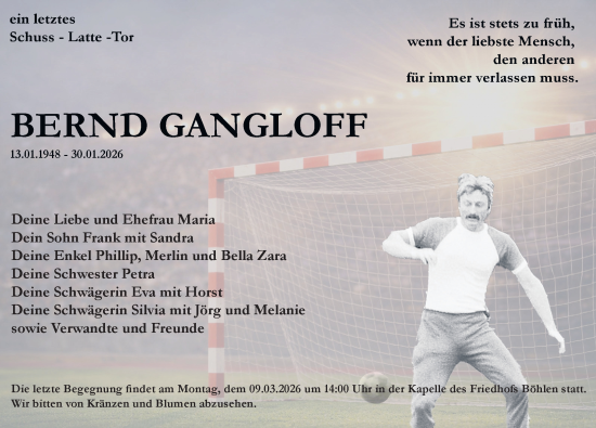 Traueranzeige von Bernd Gangloff von Leipziger Volkszeitung