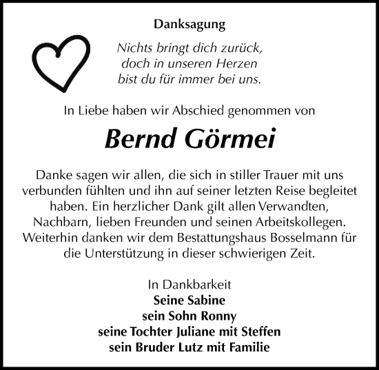Traueranzeige von Bernd Görmei von Sächsische Zeitung