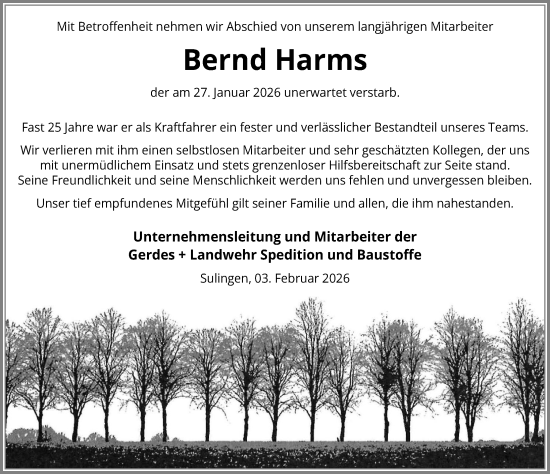 Traueranzeige von Bernd Harms von Die Harke