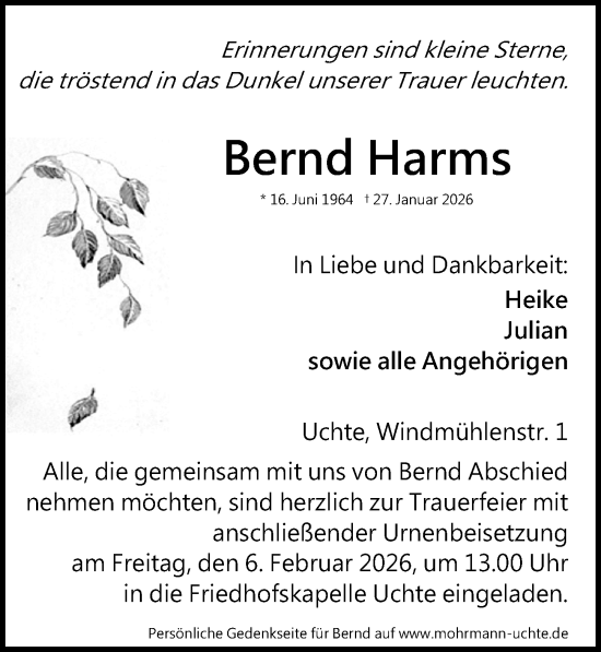 Traueranzeige von Bernd Harms von Die Harke