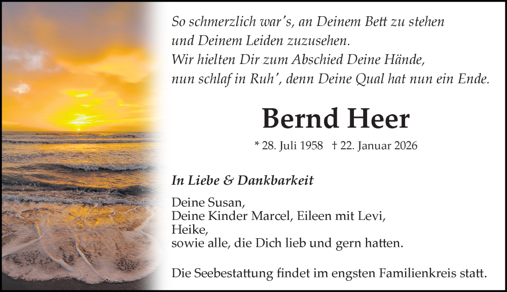  Traueranzeige für Bernd Heer vom 07.02.2026 aus Ostsee-Zeitung GmbH