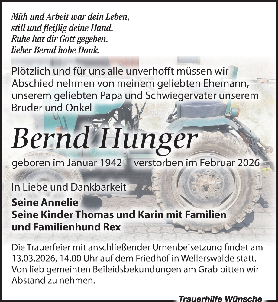  Traueranzeige für Bernd Hunger vom 21.02.2026 aus Leipziger Volkszeitung