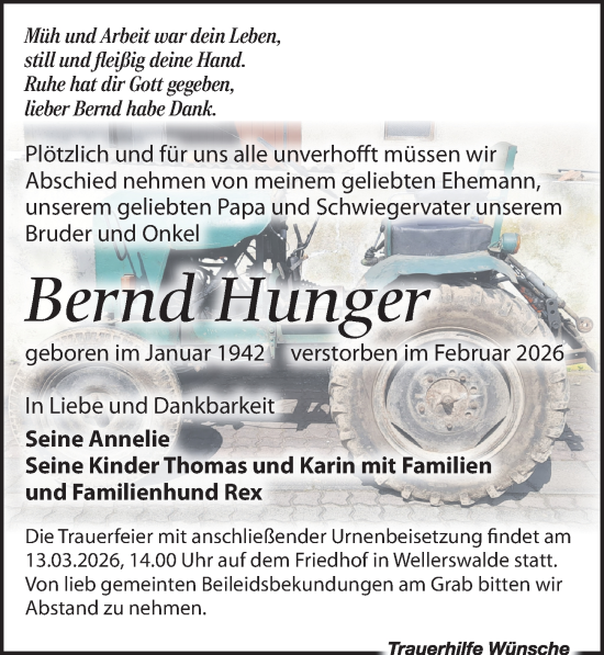 Traueranzeige von Bernd Hunger von Leipziger Volkszeitung