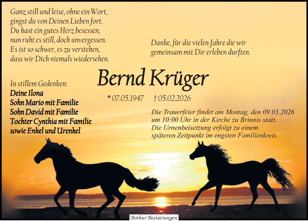  Traueranzeige für Bernd Krüger vom 14.02.2026 aus Leipziger Volkszeitung