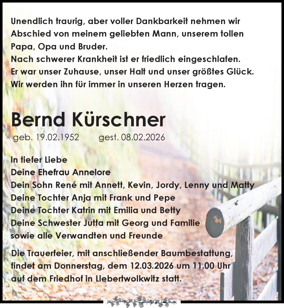  Traueranzeige für Bernd Kürschner vom 21.02.2026 aus Leipziger Volkszeitung