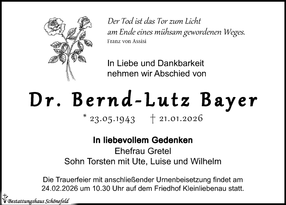  Traueranzeige für Bernd-Lutz Bayer vom 07.02.2026 aus Leipziger Volkszeitung