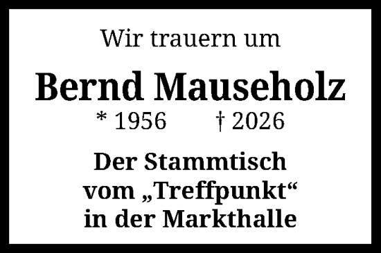 Traueranzeige von Bernd Mauseholz von Hannoversche Allgemeine Zeitung/Neue Presse