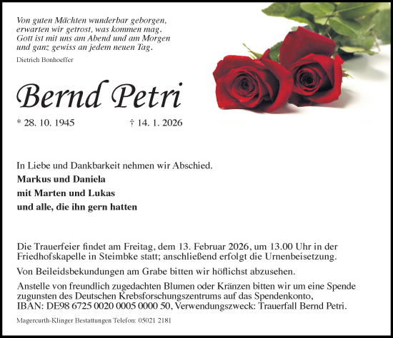 Traueranzeige von Bernd Petri von Die Harke