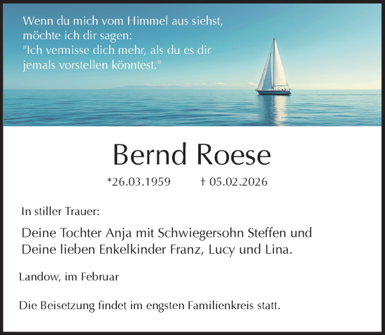 Traueranzeige von Bernd Roese von Ostsee-Zeitung GmbH
