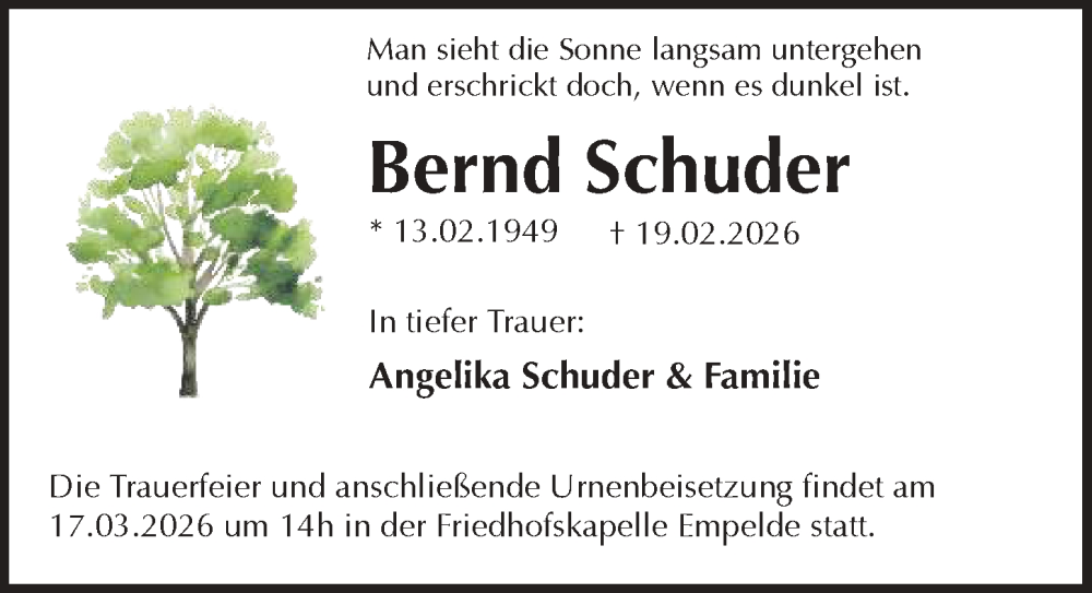  Traueranzeige für Bernd Schuder vom 28.02.2026 aus Hannoversche Allgemeine Zeitung/Neue Presse